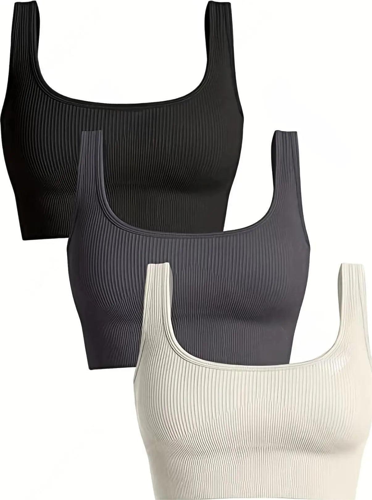 Yoga Basic Seamless Breathable 3pcs Ribbed Knit Solid Sports Bra - Dabfavshop