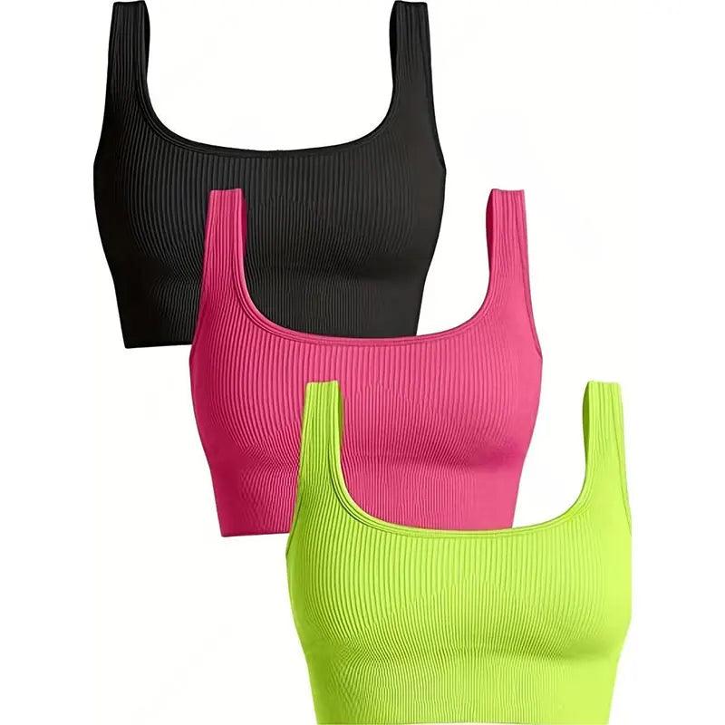 Yoga Basic Seamless Breathable 3pcs Ribbed Knit Solid Sports Bra - Dabfavshop