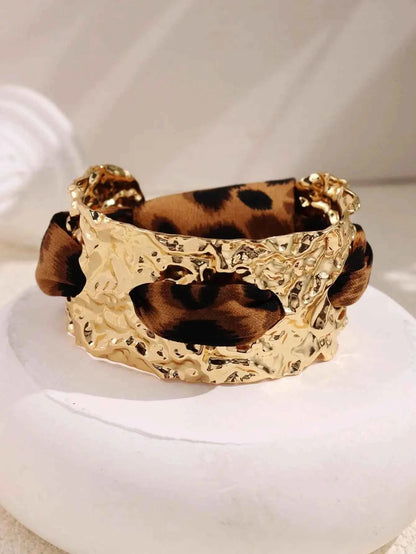 Leopard Print Ribbon-Wrapped Metal Bracelet