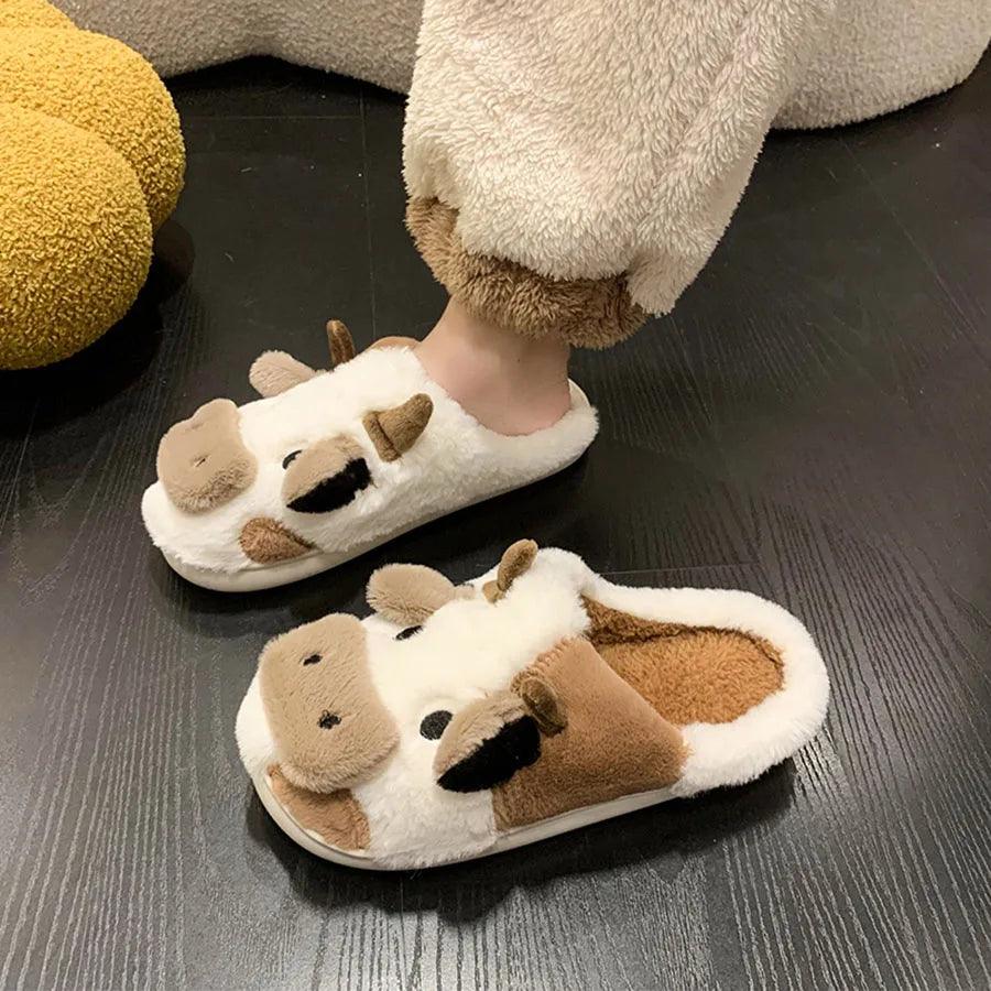 Winter Slippers Fluffy Warm Plush Slippers Cartoon Milk Cow - Dabfavshop