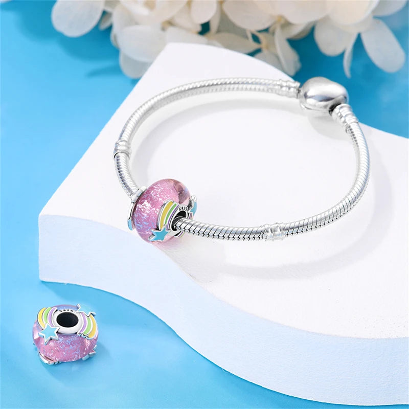 Colorful Flower Murano Glass Charm Fit Original Bracelet Necklace Heart 925 Sterling Silver Murano Glass Fine Jewelry Dabfavshop
