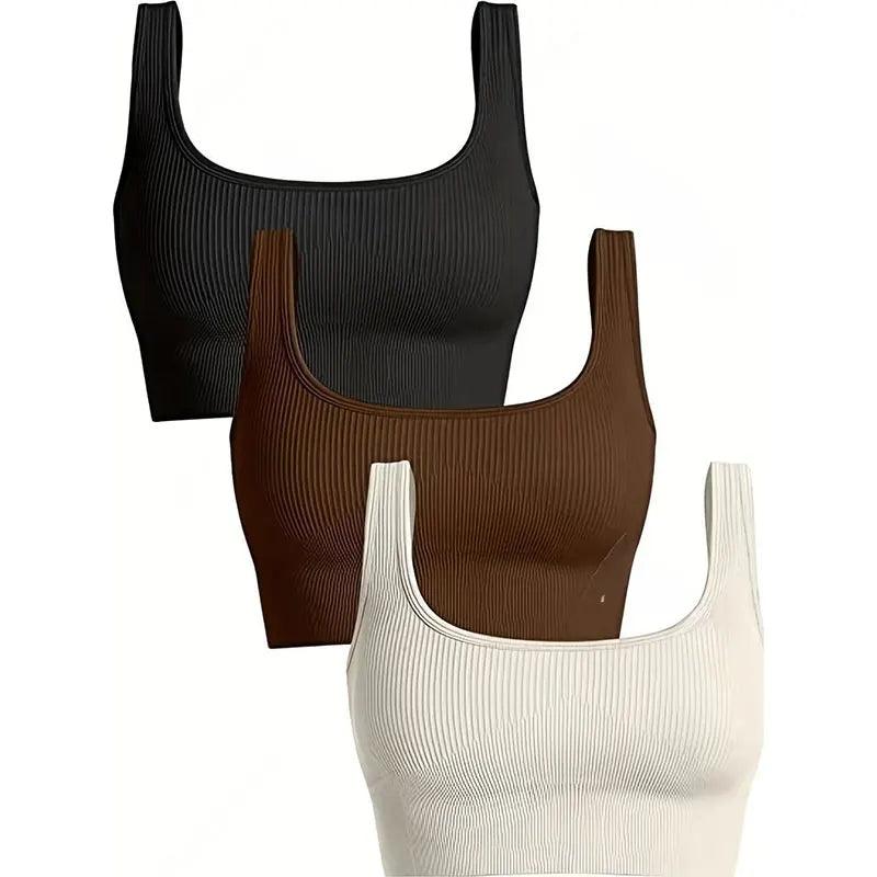 Yoga Basic Seamless Breathable 3pcs Ribbed Knit Solid Sports Bra - Dabfavshop