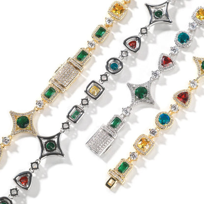 Iced Out Rainbow Necklace for Women Heart/Star/Square Gemstones Link Chain Bracelets Fashion Hip Hop Jewelry Dabfavshop