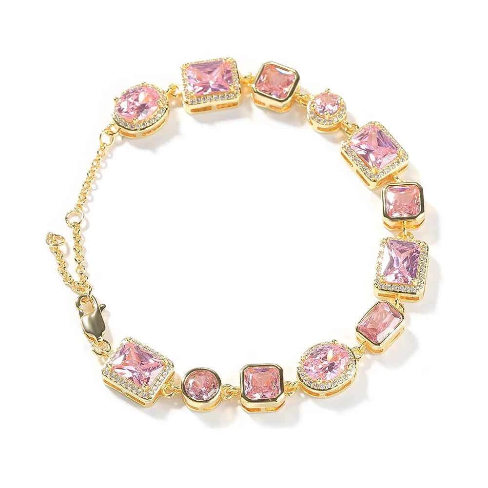 Iced Pink CZ Stones Tennis Bracelets with Extension for Women Slim Chain Bracelets