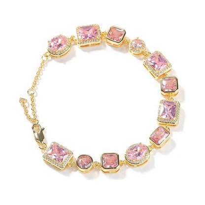 Iced Pink CZ Stones Tennis Bracelets with Extension for Women Slim Chain Bracelets