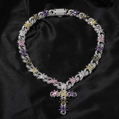 Colorful Flower Cuban Chain Full Paved Iced Out Bling Cubic Zirconia Cross Charms Baguette CZ Cuban Chain Dabfavshop