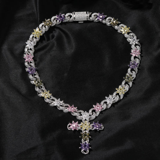 Colorful Flower Cuban Chain Full Paved Iced Out Bling Cubic Zirconia Cross Charms Baguette CZ Cuban Chain Dabfavshop