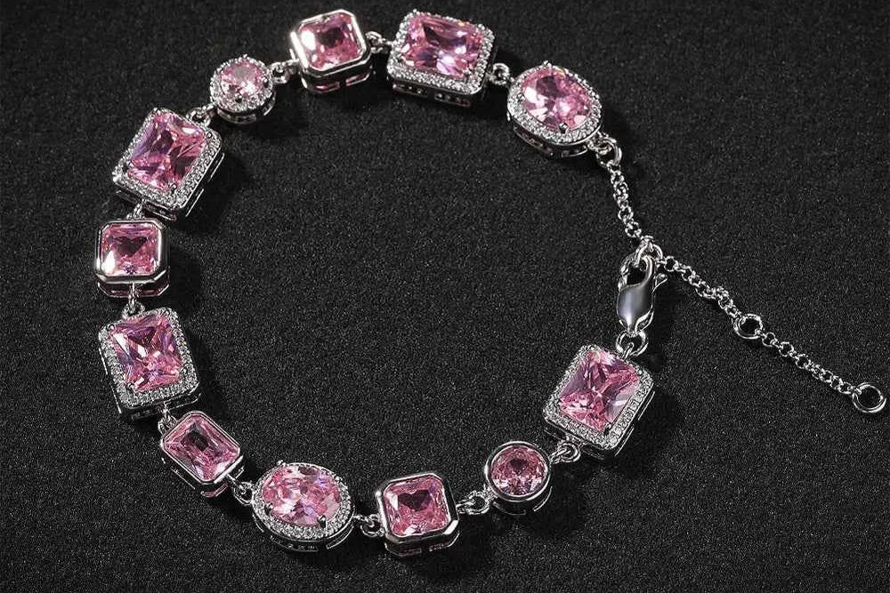 Iced Pink CZ Stones Tennis Bracelets with Extension for Women Slim Chain Bracelets