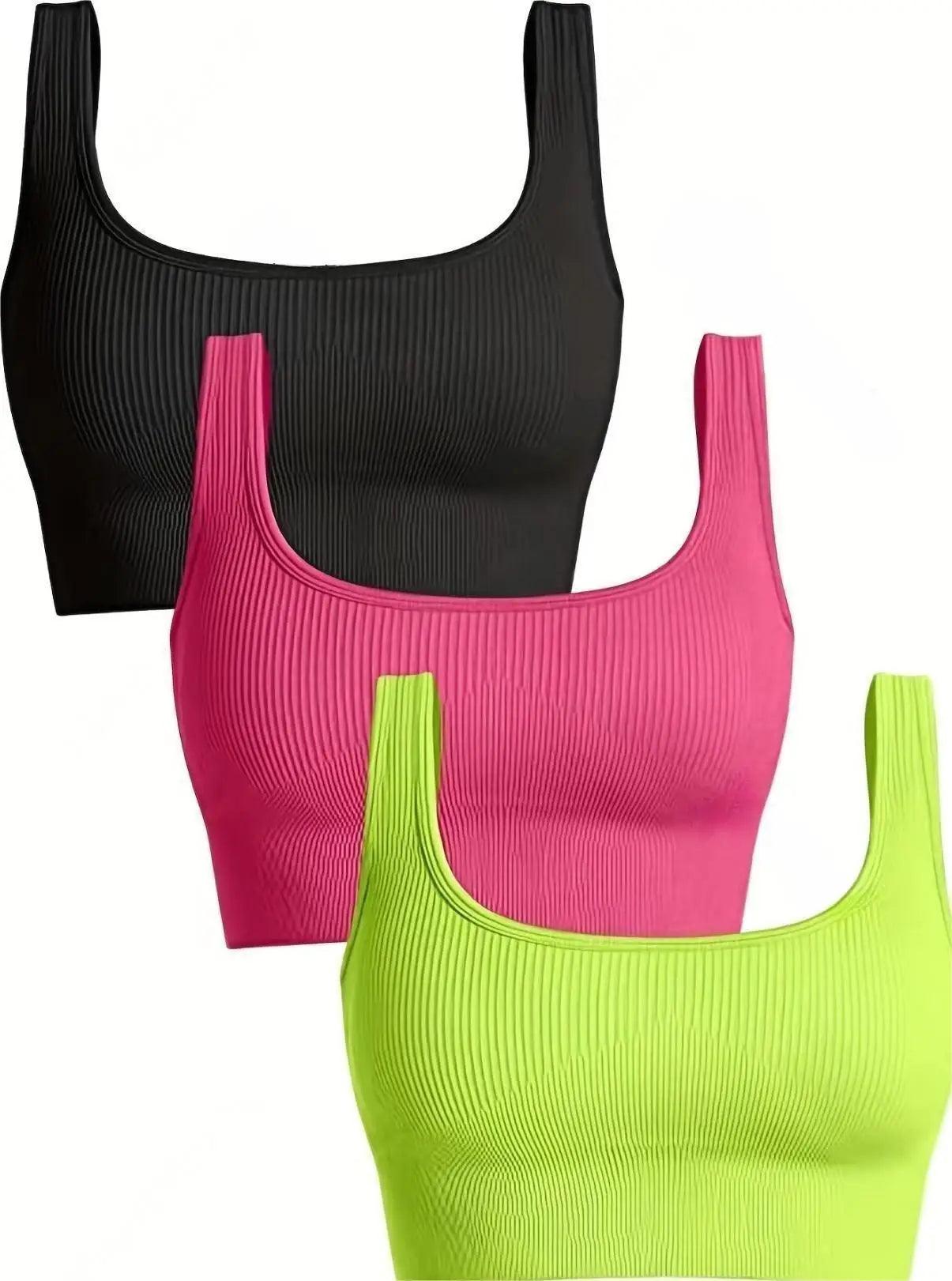 Yoga Basic Seamless Breathable 3pcs Ribbed Knit Solid Sports Bra - Dabfavshop