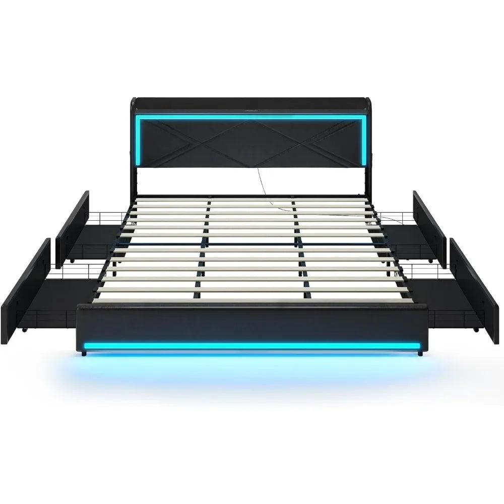 Full/Queen/King Size LED Bed Frame With Storage Headboard And Charging Station - Dabfavshop