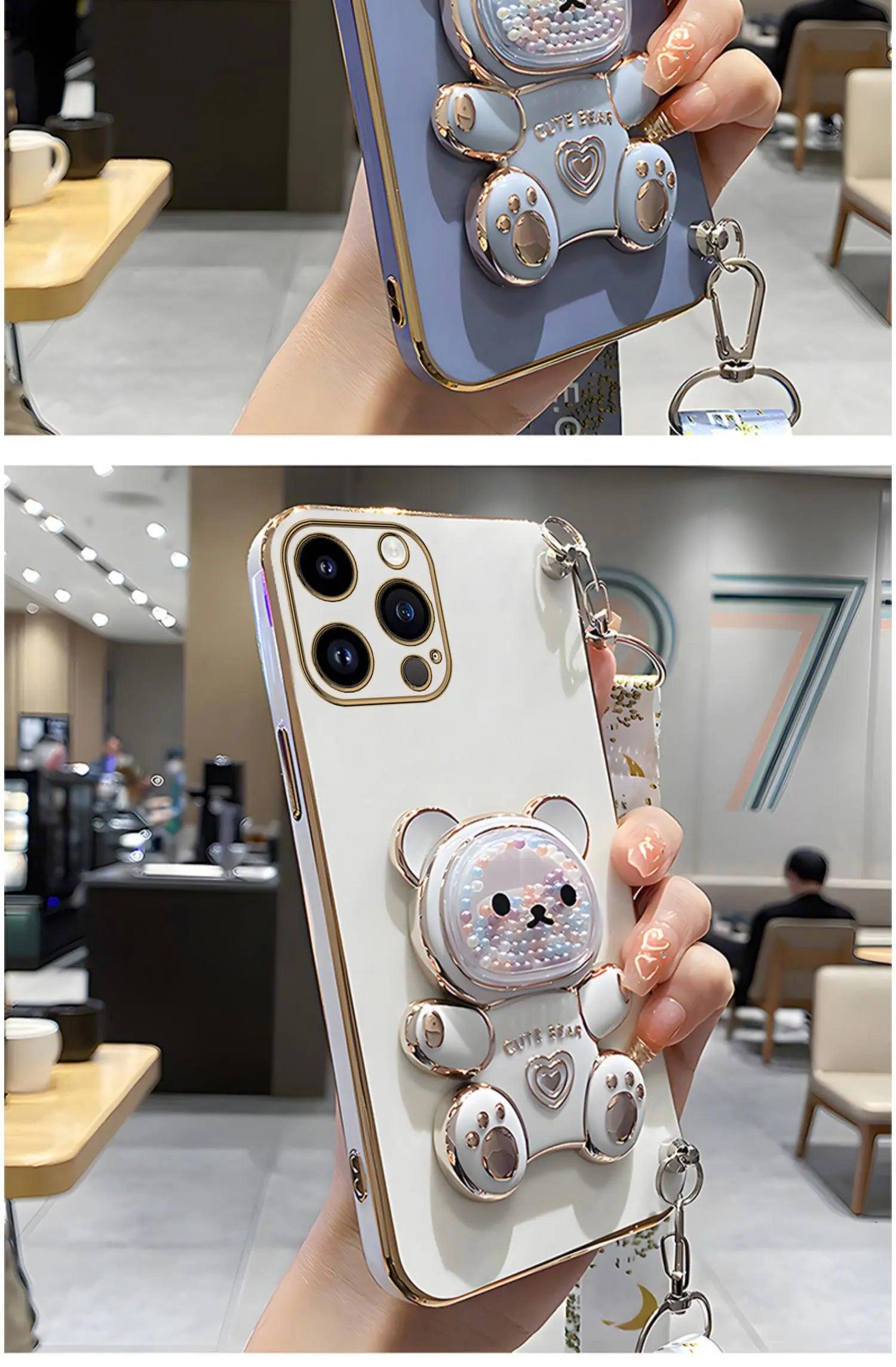 Strap and Quick Stand Cute Diamond Face Bear IPhone Case 11-14 Pro Max - Dabfavshop