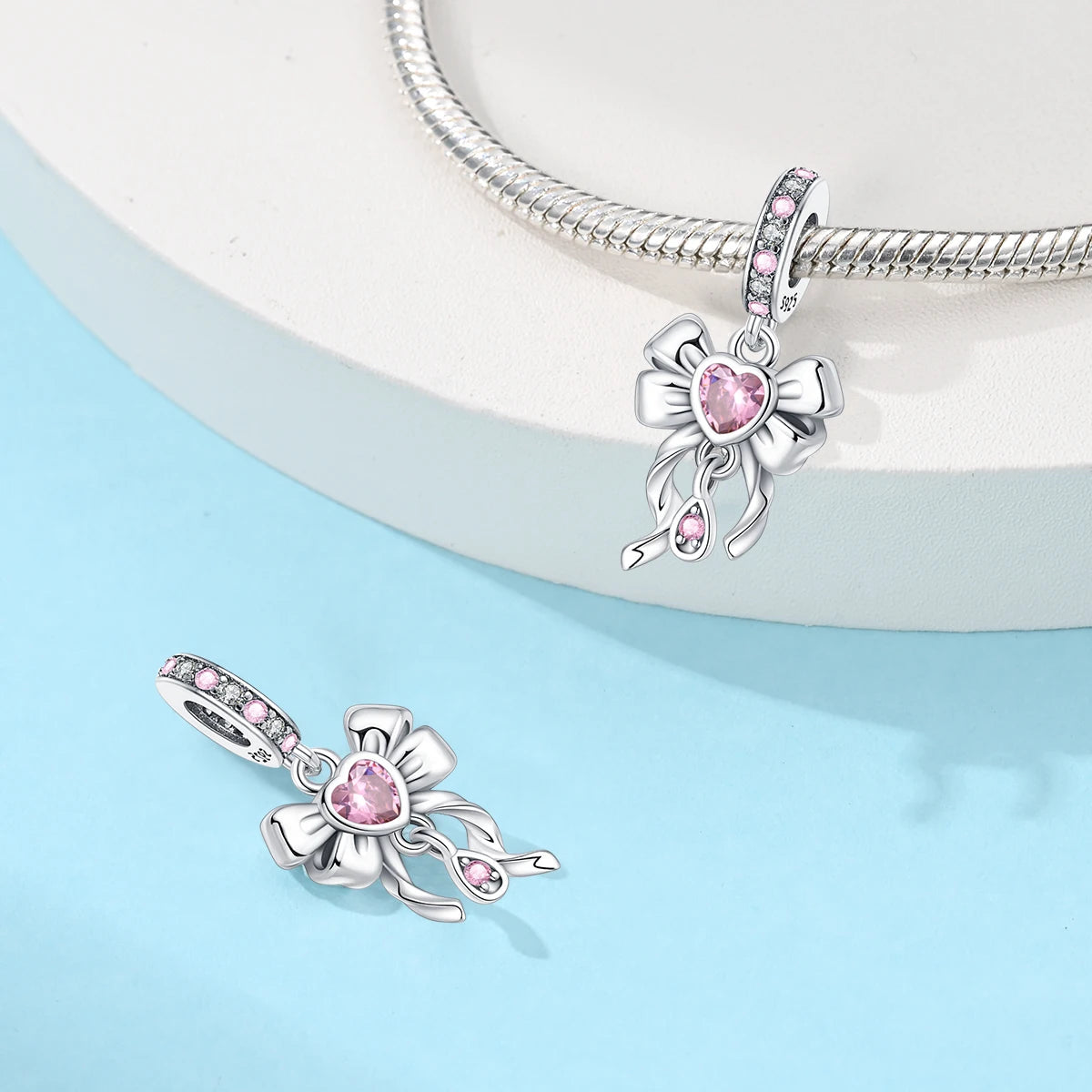 925 Sterling Silver Charms Beads Pink Zircon Bow Tie Dabfavshop