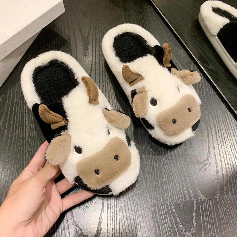 Winter Slippers Fluffy Warm Plush Slippers Cartoon Milk Cow - Dabfavshop