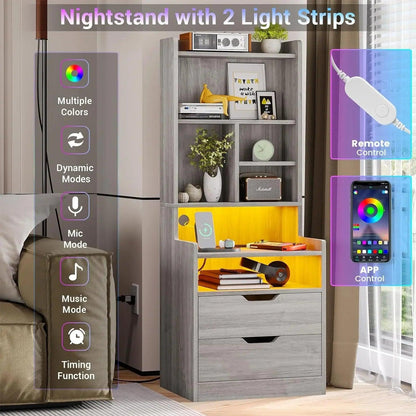 Tall Nightstand Set LED With Charging Station - Dabfavshop