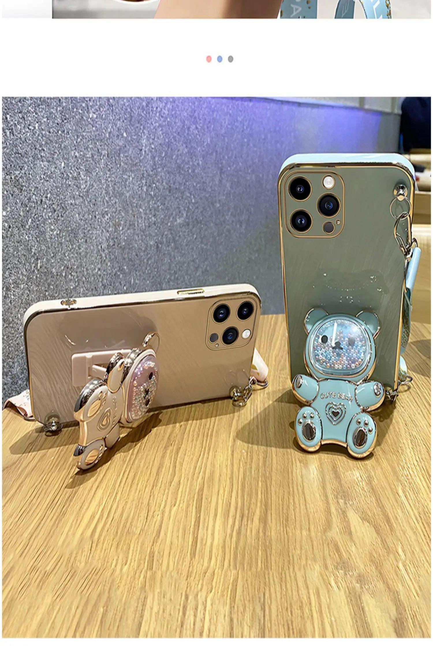 Strap and Quick Stand Cute Diamond Face Bear IPhone Case 11-14 Pro Max - Dabfavshop