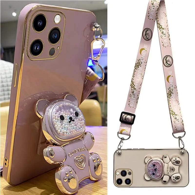 Strap and Quick Stand Cute Diamond Face Bear IPhone Case 11-14 Pro Max - Dabfavshop