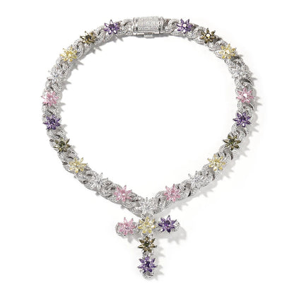 Colorful Flower Cuban Chain Full Paved Iced Out Bling Cubic Zirconia Cross Charms Baguette CZ Cuban Chain Dabfavshop
