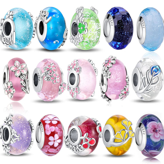 Colorful Flower Murano Glass Charm Fit Original Bracelet Necklace Heart 925 Sterling Silver Murano Glass Fine Jewelry Dabfavshop