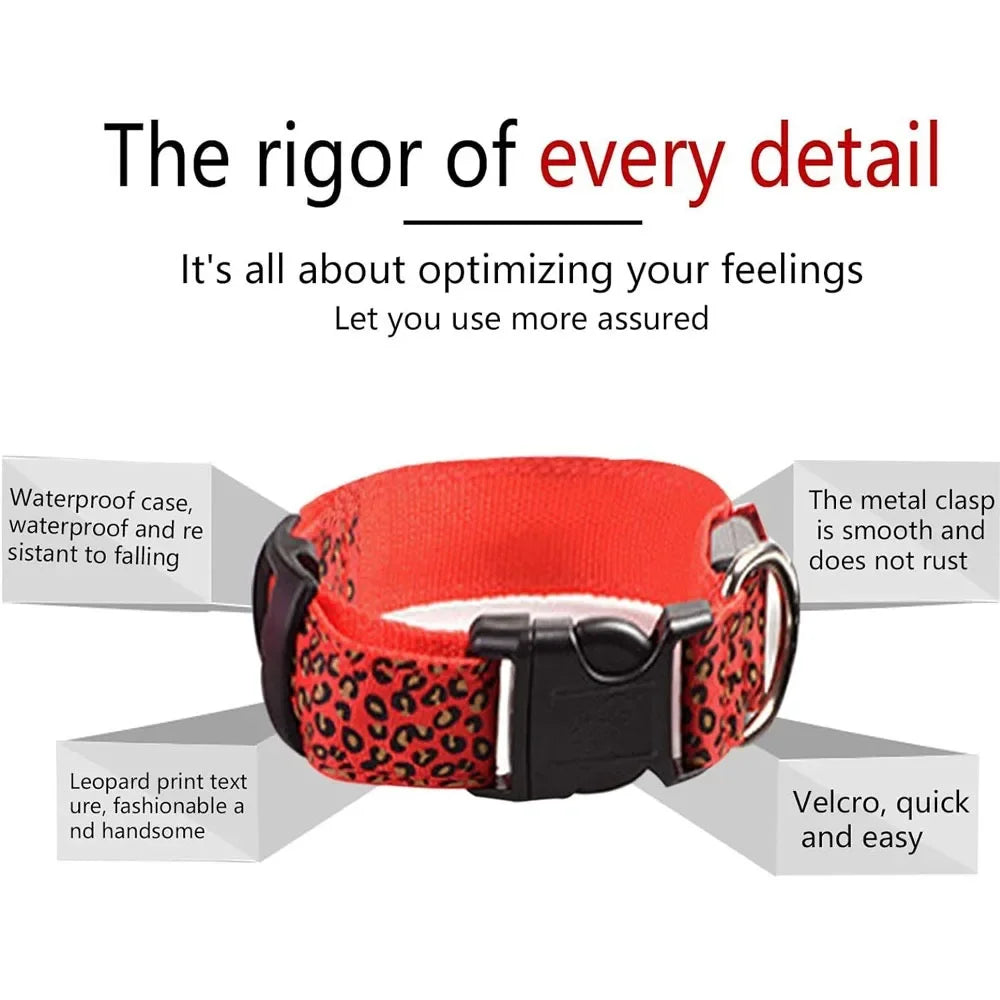 Leopard LED Dog Collar Luminous Adjustable Glowing Collar For Dogs Pet Night Safety Nylon Collar Luminous LED Bright Dog Collar Dabfavshop