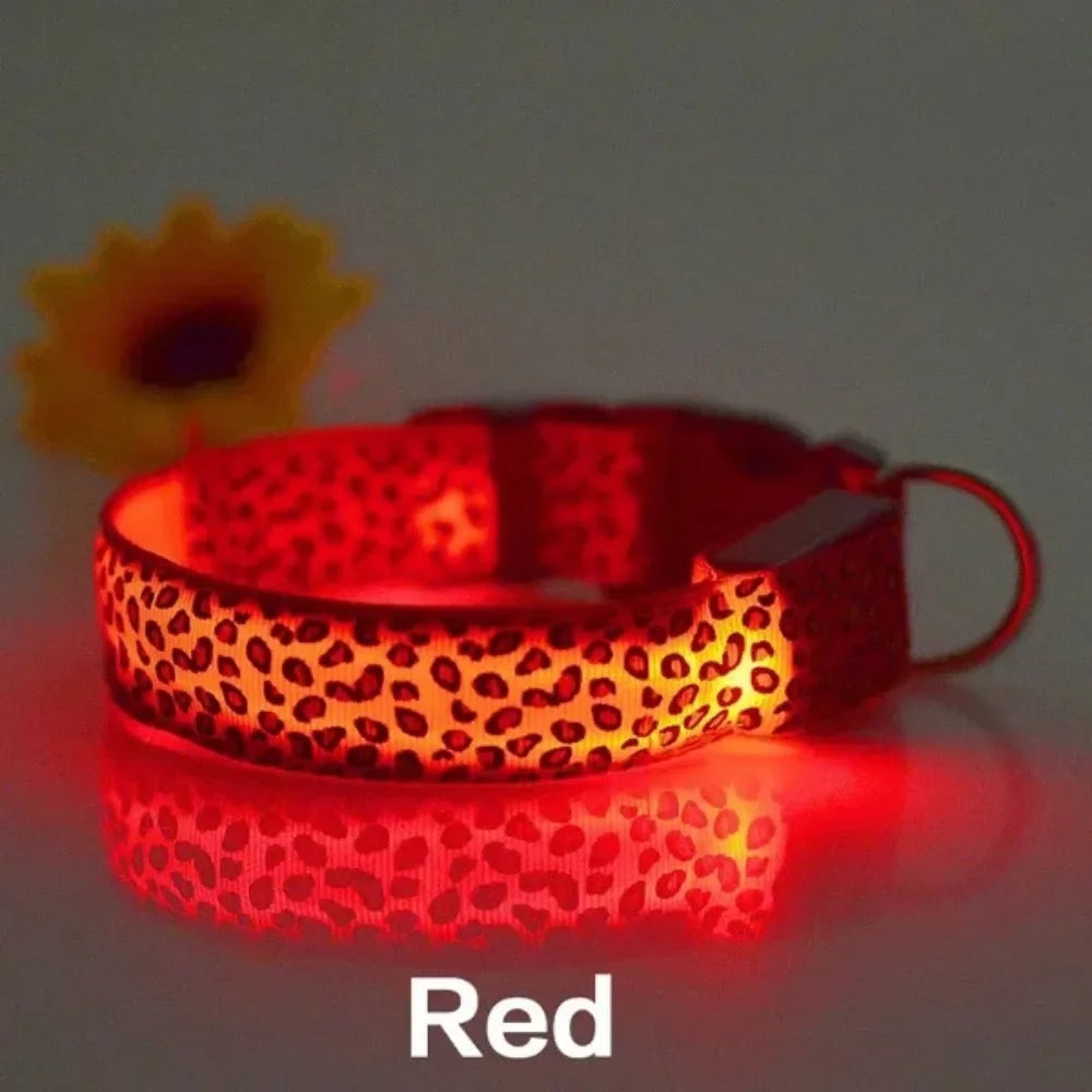 Leopard LED Dog Collar Luminous Adjustable Glowing Collar For Dogs Pet Night Safety Nylon Collar Luminous LED Bright Dog Collar Dabfavshop