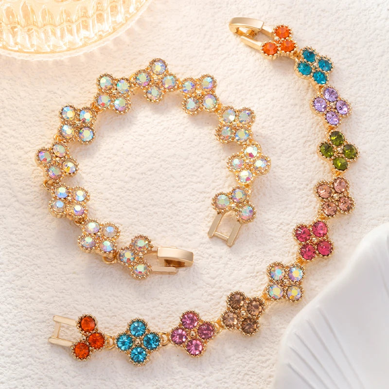 CDD New Sparkling Rhinestone Four Leaf Clover Hand Bracelet for Women Girls Luxury Crystal Bangle Adjustable Wrist Jewelry Gifts Dabfavshop