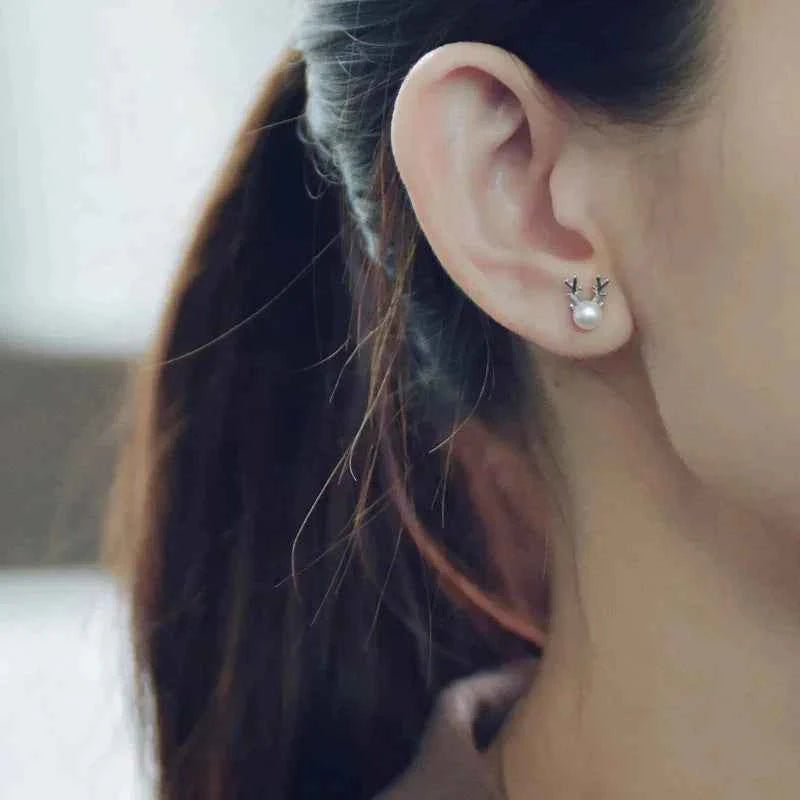 Cute Antler Stud Earrings for Women 925 Sterling Silver