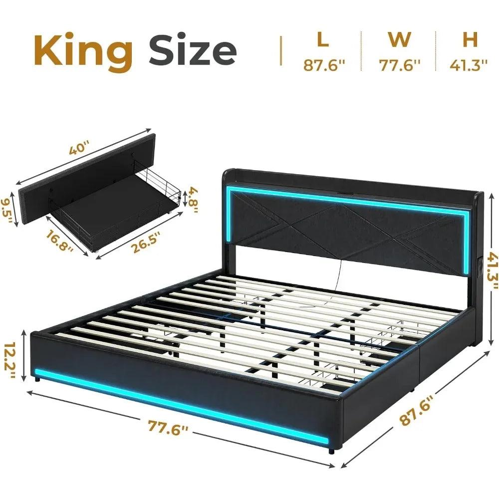 Full/Queen/King Size LED Bed Frame With Storage Headboard And Charging Station - Dabfavshop