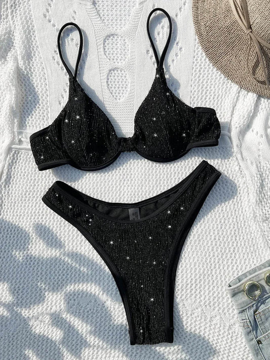Black Shiny Bikini High Waist 2 Piece Swimwear - Dabfavshop