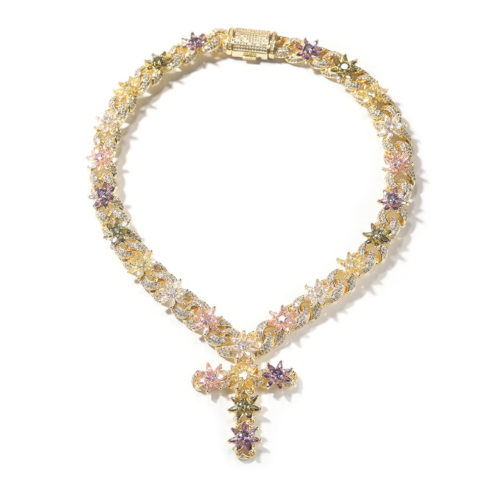 Colorful Flower Cuban Chain Full Paved Iced Out Bling Cubic Zirconia Cross Charms Baguette CZ Cuban Chain Dabfavshop