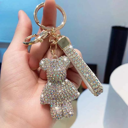 Rhinestone Bear Keychain Pendant Handmade Metal Keyring for Women Men Car Anime Animal Themed Accessory Unisex Key Chain Gift