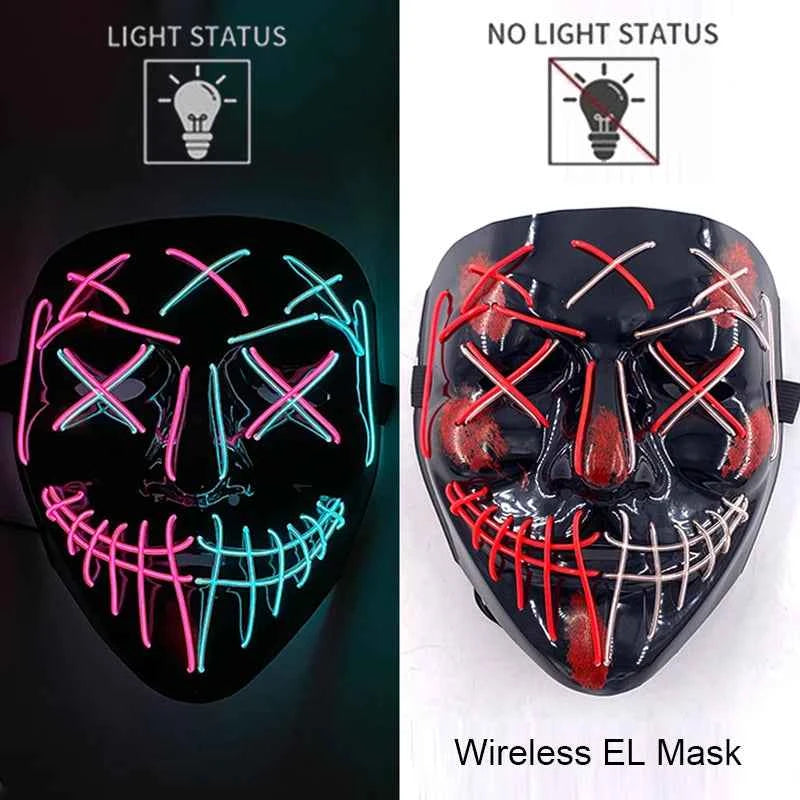 Neon LED Halloween Purge Mask Wireless Masquerade Party Light-up Horror Mask Glowing Multicolor Full Face Adult Mask for Halloween Dabfavshop