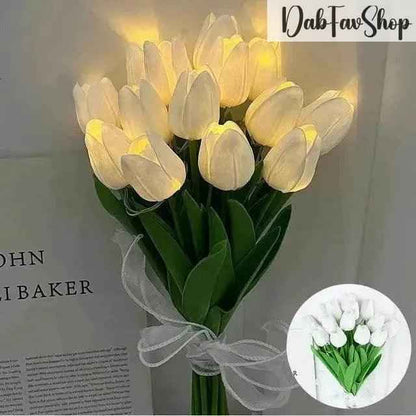 LED tulips bouquet with vibrant white petals and green leaves, perfect for home decoration
