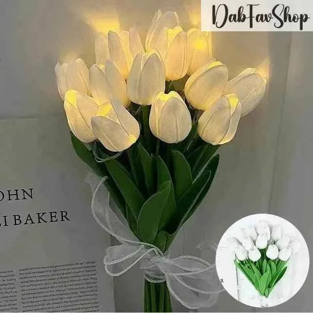 LED tulips bouquet with soft white petals and green leaves for decorative lighting