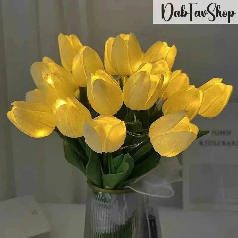 Bright LED tulips bouquet in a glass vase for home decor and special occasions