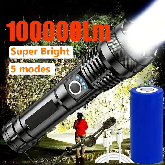 Powerful tactical flashlight with 100000Lm brightness and five modes for versatile outdoor use