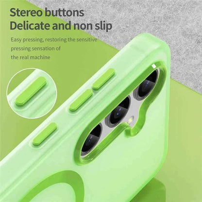 Vibrant green Samsung Galaxy shockproof case featuring stereo buttons and a non-slip design