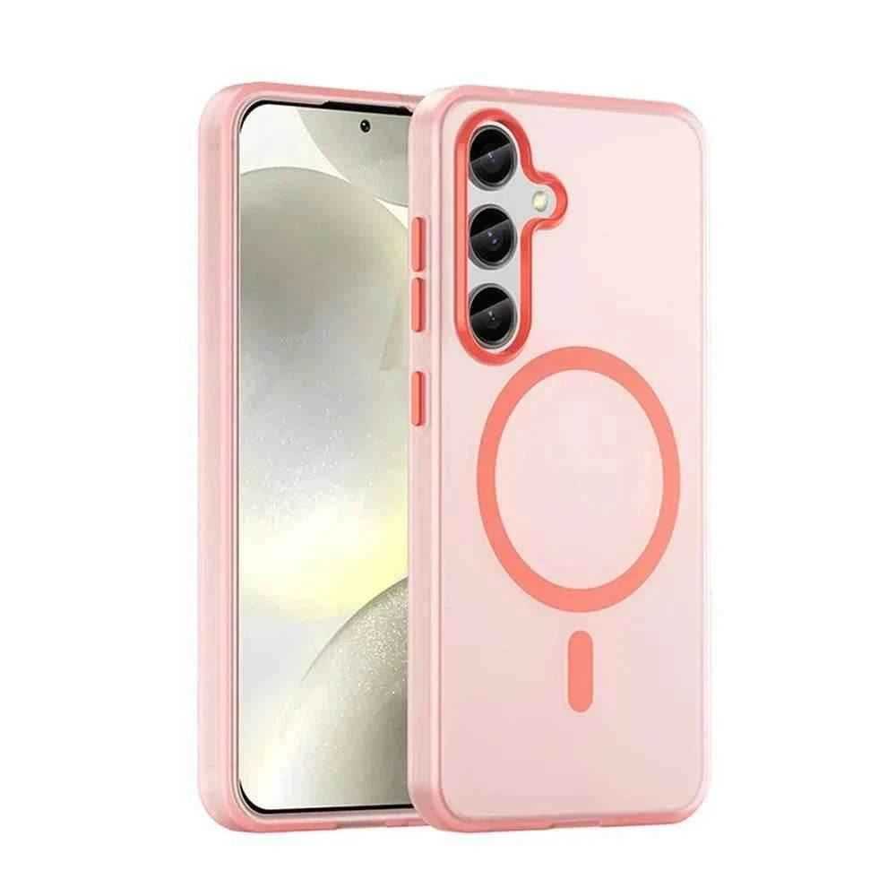 Pink Samsung Galaxy shockproof case featuring a MagSafe design for enhanced protection and style